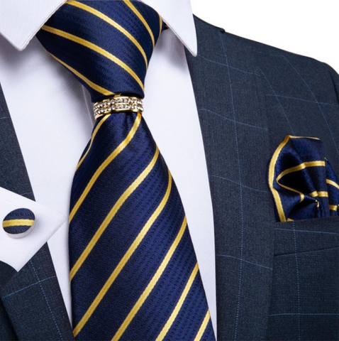 Blue & Yellow Silk Tie with Matching Pocket Square