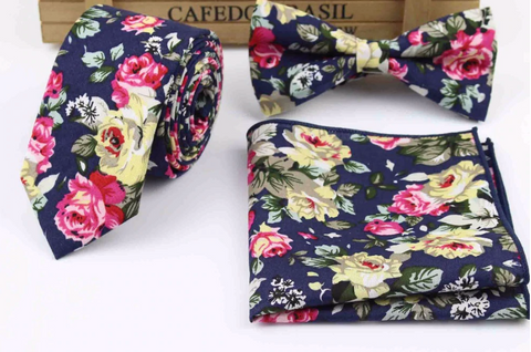 Navy Blue Floral Skinny Tie AND Bow Tie